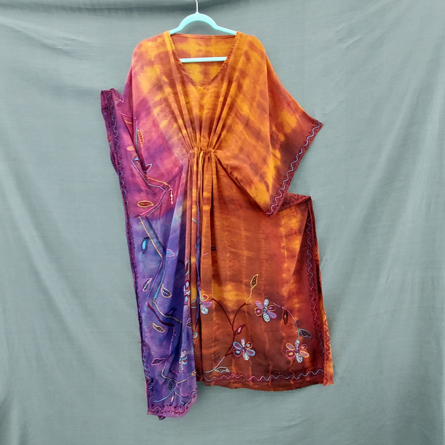 SG - Recycled Sari, Draw String Kaftan Robe Tunic Dress (62" Bust/Hip)