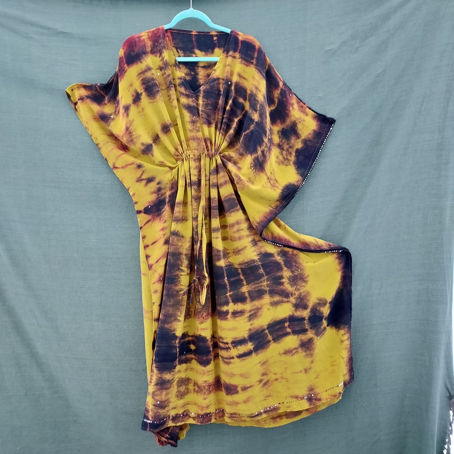 SG - Recycled Sari, Draw String Kaftan Robe Tunic Dress (62" Bust/Hip)