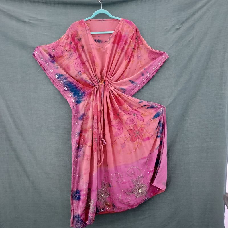 SG - Recycled Sari, Draw String Kaftan Robe Tunic Dress (62" Bust/Hip)