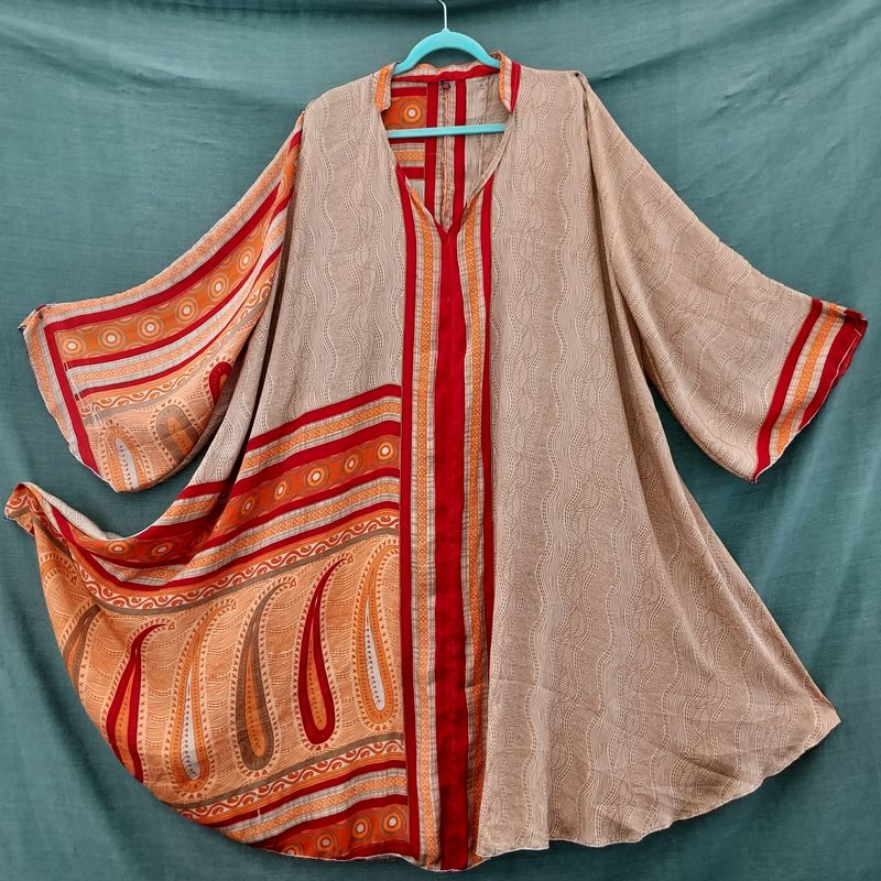 SG - Recycled Sari Umbrella Dress - Orange Print - 62" Bust/Chest