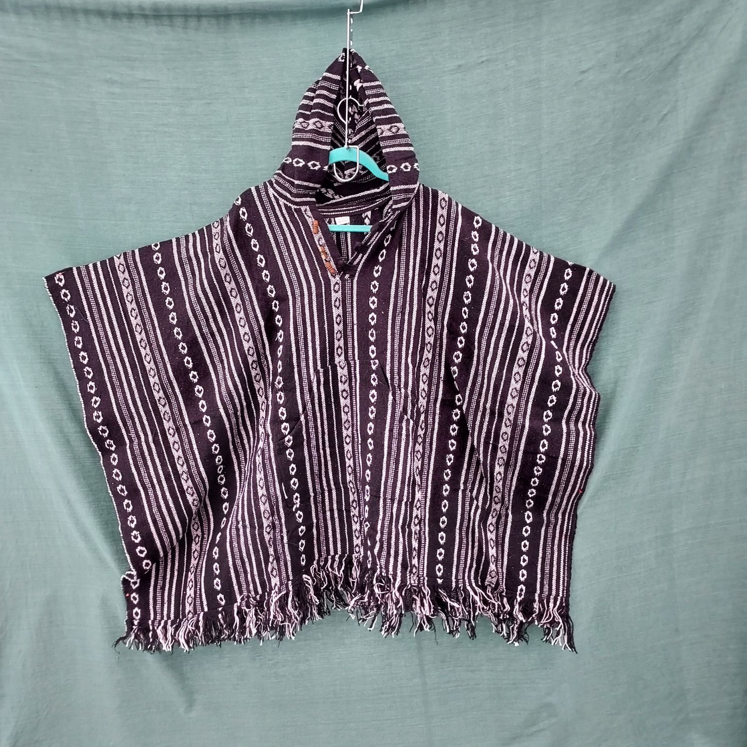 SG - Mexican style poncho with hood  - Black Diamond Stripe