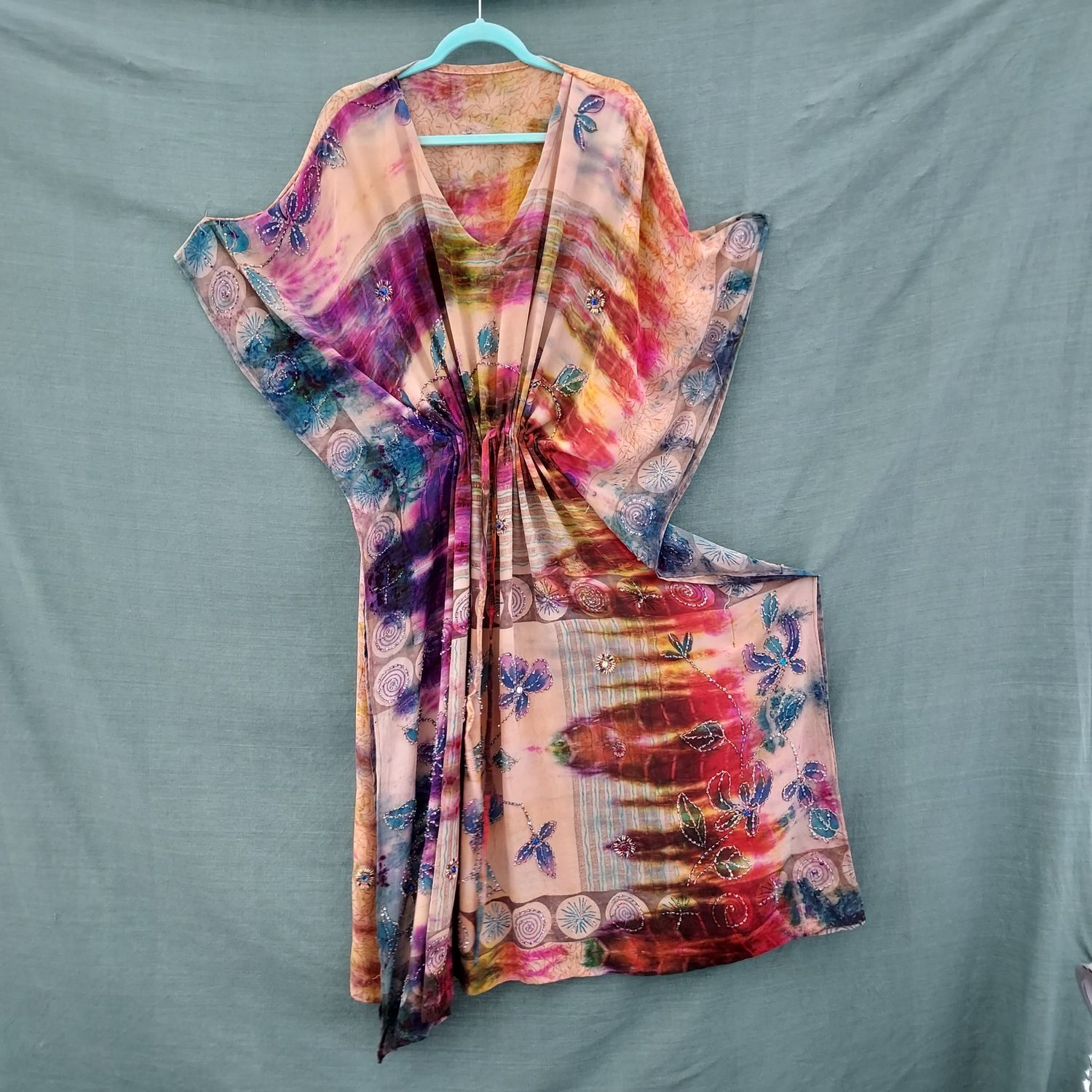 SG - Recycled Sari, Draw String Kaftan Robe Tunic Dress (62" Bust/Hip)