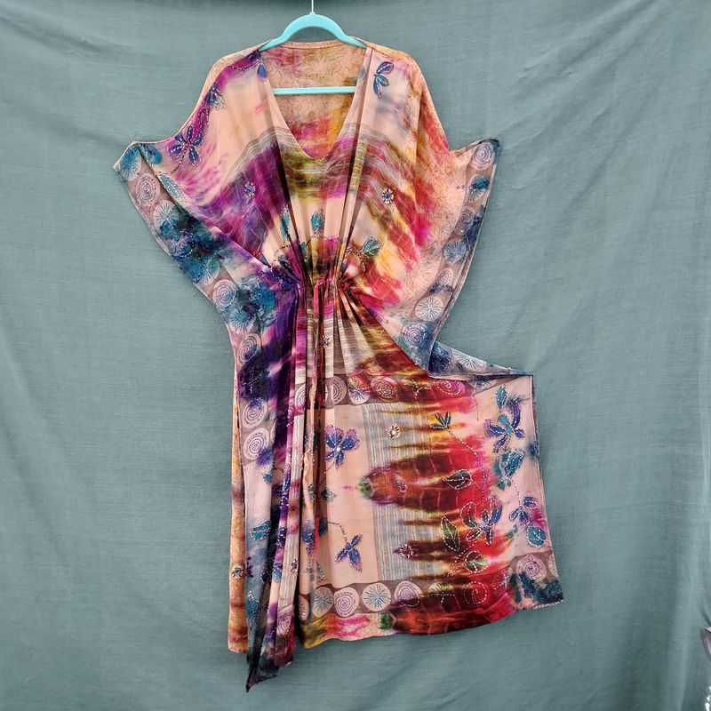 SG - Recycled Sari, Draw String Kaftan Robe Tunic Dress (62" Bust/Hip)
