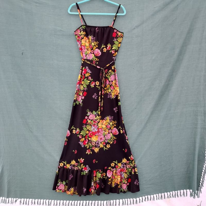 Vintage Black Spaghetti Strap A Line Dress with Flower Print -30" Bust
