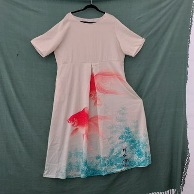 SG - Cream, Short Sleeved Dress with Chinese Koi Carp Print - 48" Bust