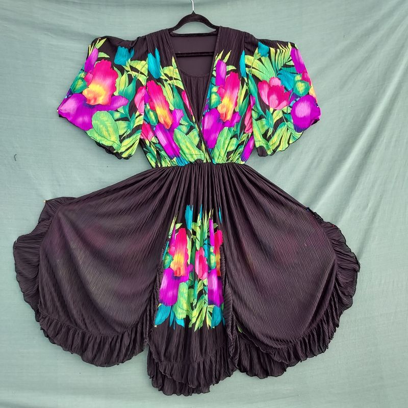 Vintage Black Dress with Flower Print Bodice & Panels - Small - 37" Bust