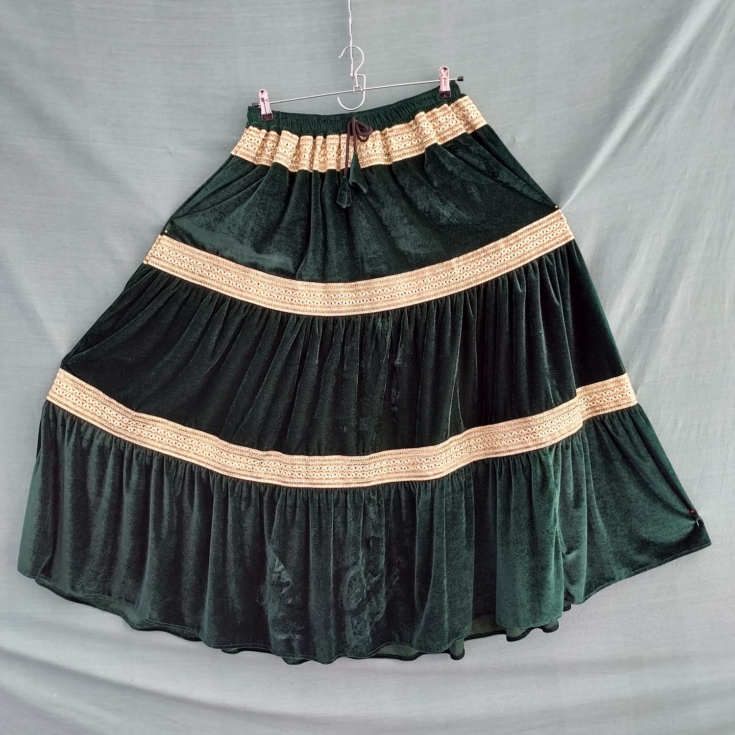 SG - Racing Green Velvet Elasticated Gold Trim Gypsy Skirt