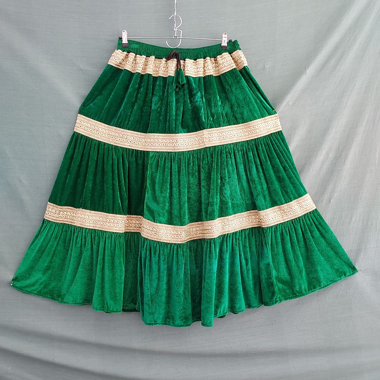SG - Emerald Green Velvet Elasticated Gold Trim Gypsy Skirt
