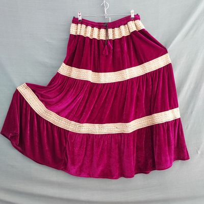 SG - Dark Magenta Velvet Elasticated Gold Trim Gypsy Skirt