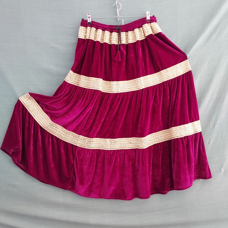 SG - Dark Magenta Velvet Elasticated Gold Trim Gypsy Skirt
