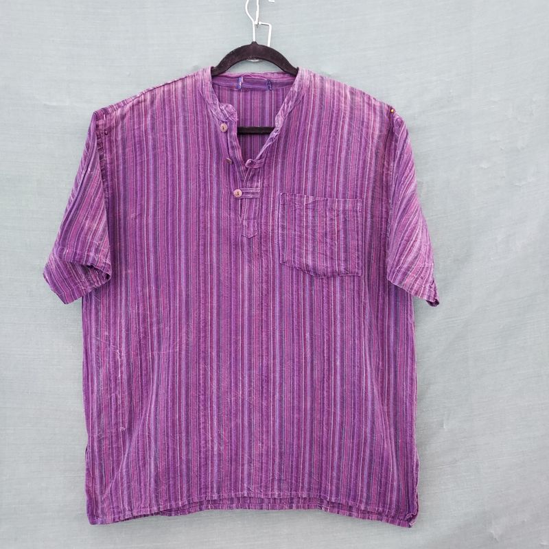 Purple Stripe Short Sleeve Cotton Grandad Shirt - 48" Chest