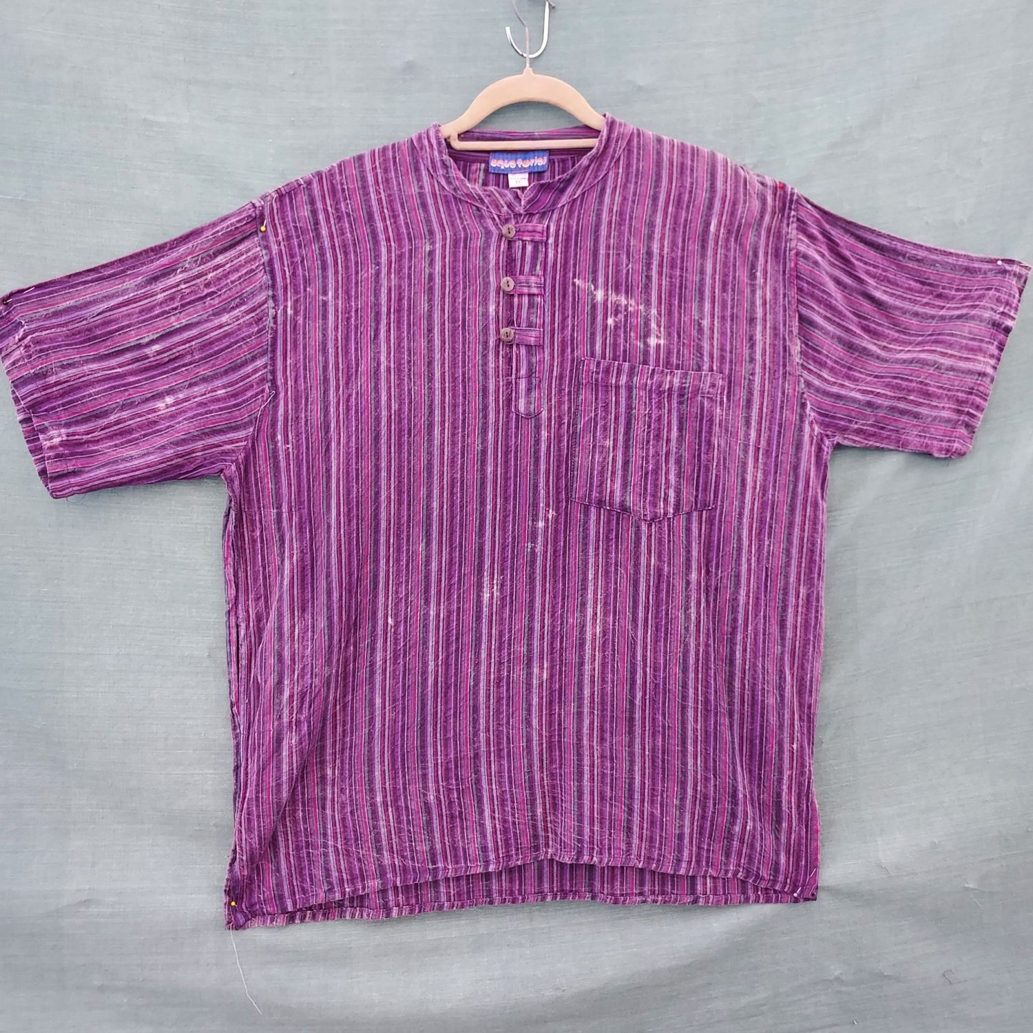 Purple Stripe Short Sleeve Cotton Grandad Shirt - 50" Chest