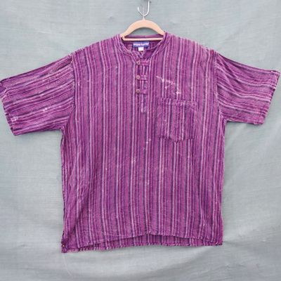 Purple Stripe Short Sleeve Cotton Grandad Shirt - 50" Chest
