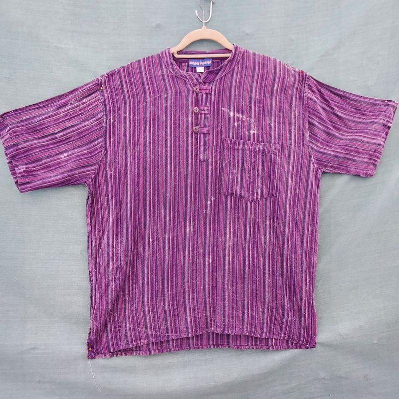 Purple Stripe Short Sleeve Cotton Grandad Shirt - 50" Chest