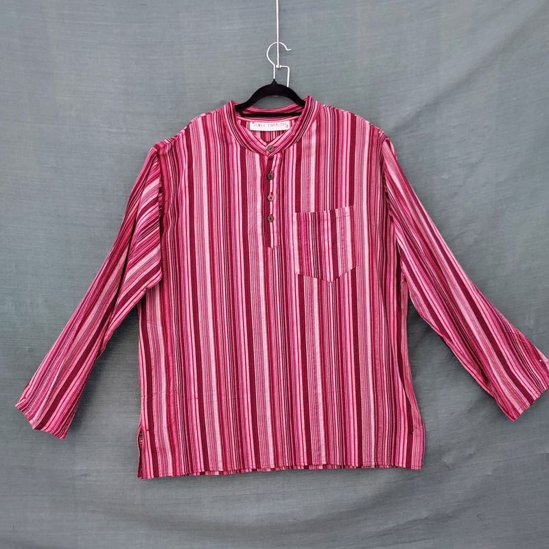 Red Stripe Long Sleeve Cotton Grandad Shirt 50" Chest