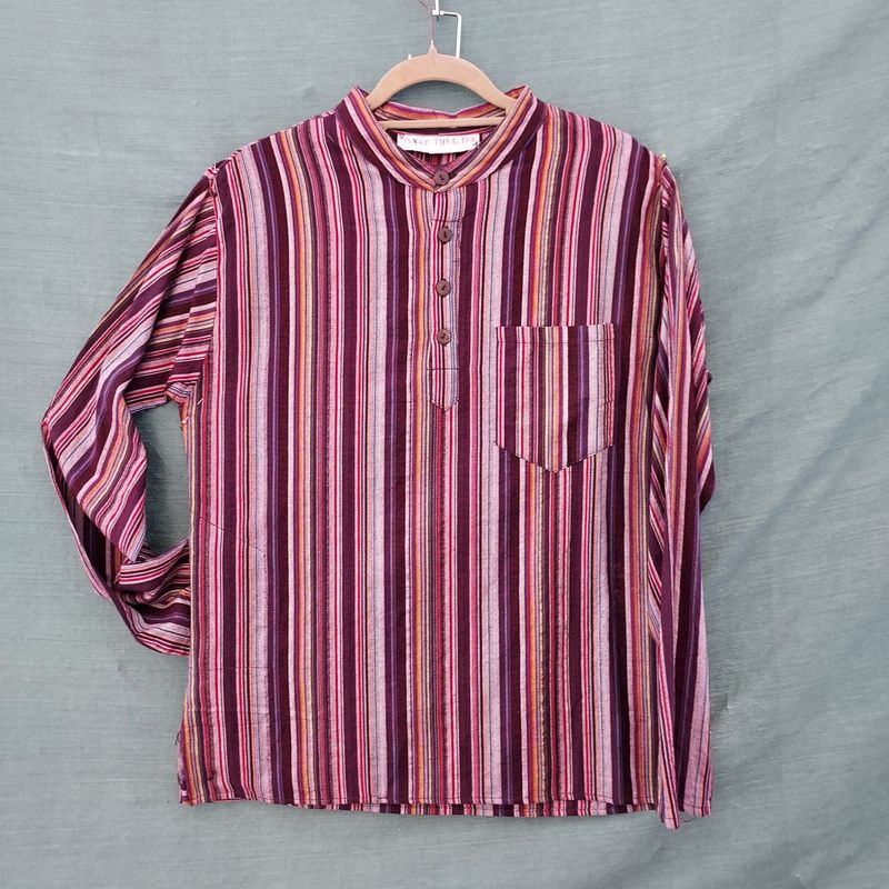 Purple Wine Stripe Long Sleeve Cotton Grandad Shirt 42" Chest