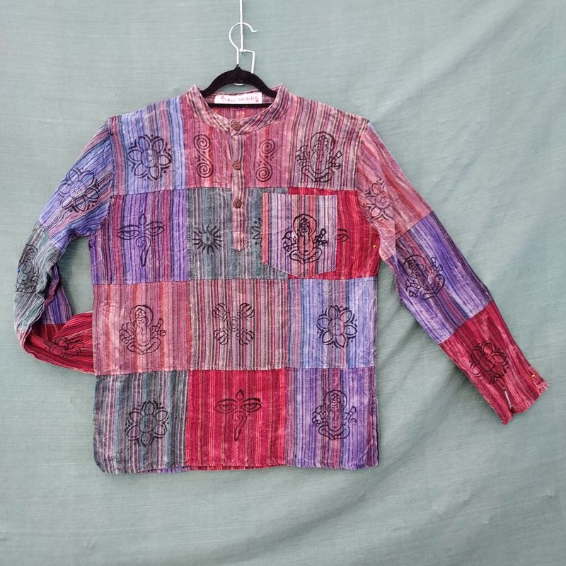 Patchwork Long Sleeve Cotton Grandad Shirt 44" Chest