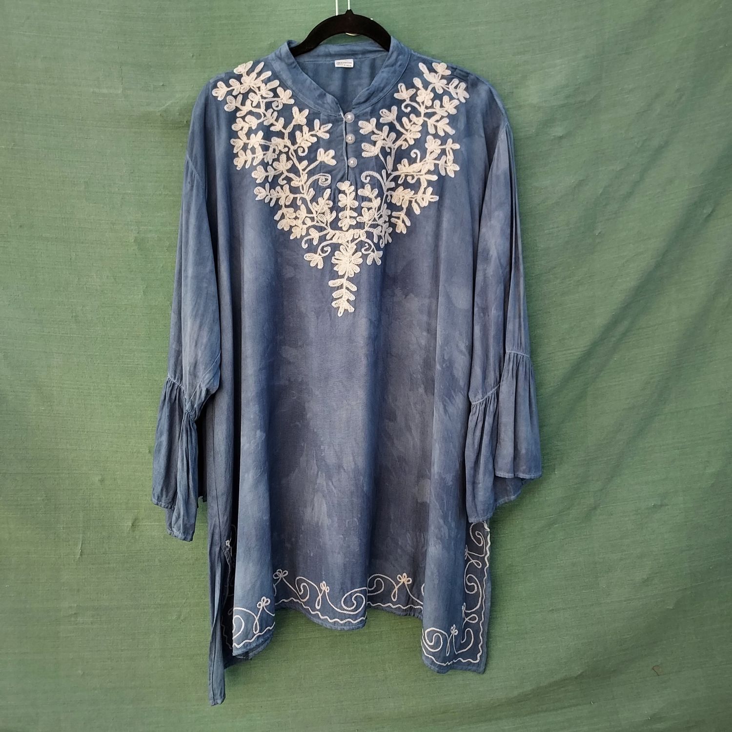 Splash Dye Kaftan Style Denim Blue Embroidered Tunic/Top 60"