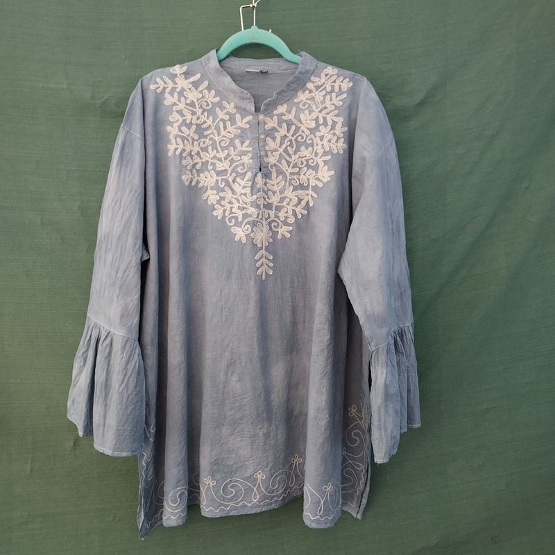 Splash Dye Kaftan Style Light Blue Embroidered Tunic/Top 60"