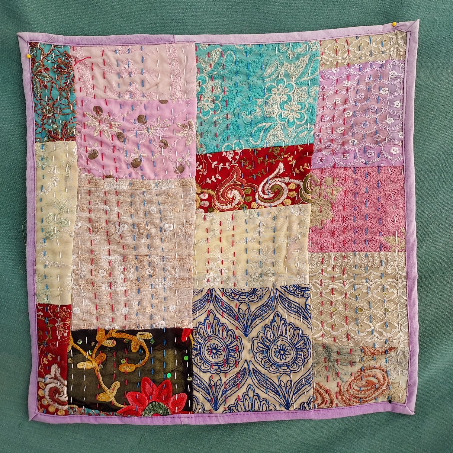 Lilac Embroidered Square Patchwork Cushion Cover 17"