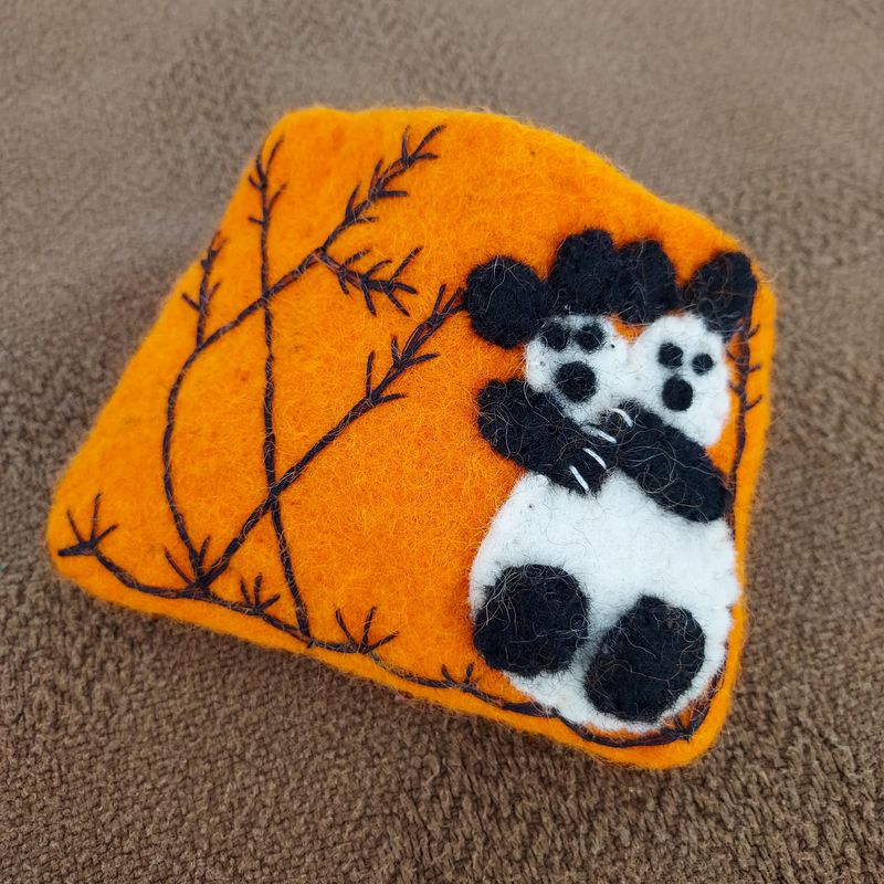 Cuddling Pandas Hand Made Orange Felted Purse