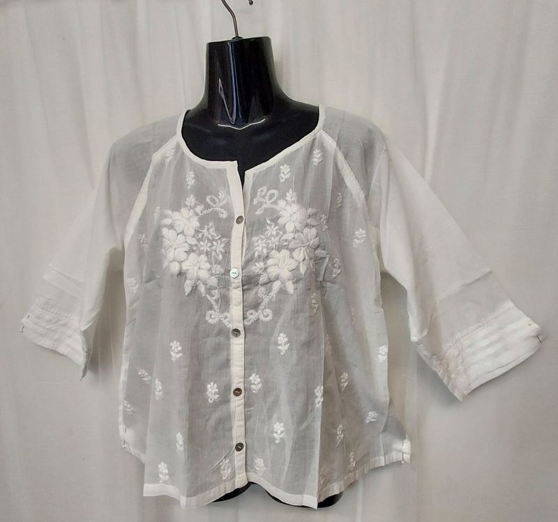 White Lightweight Top with Button and Embroidery Detail- S, M, L, XL