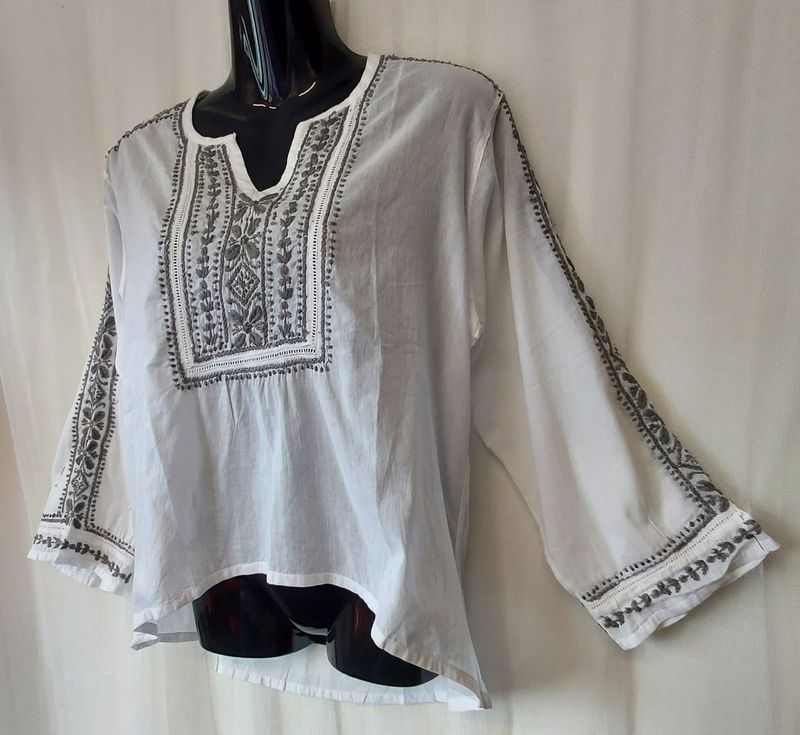 Lightweight Cotton Tunic Top with Grey Embroidered Detail- S, M, L