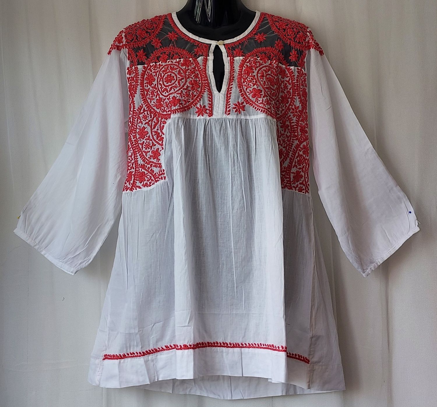 Lightweight Cotton Tunic Top with Red Embroidered Detail- S, M, L, XL