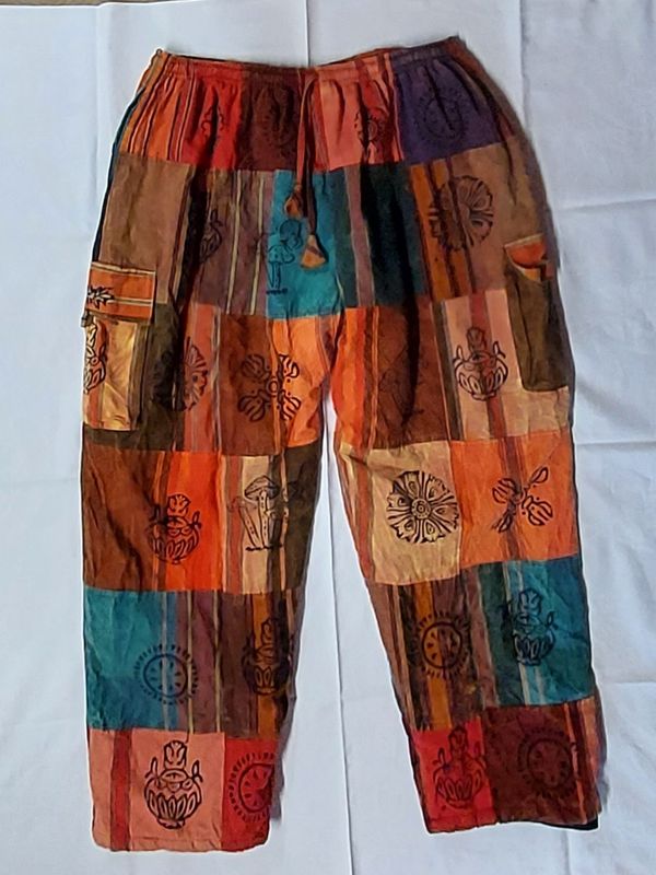 Premium Quality, Fully Fleece Lined Patchwork Trousers - ORANGE/GREEN  60"Hip