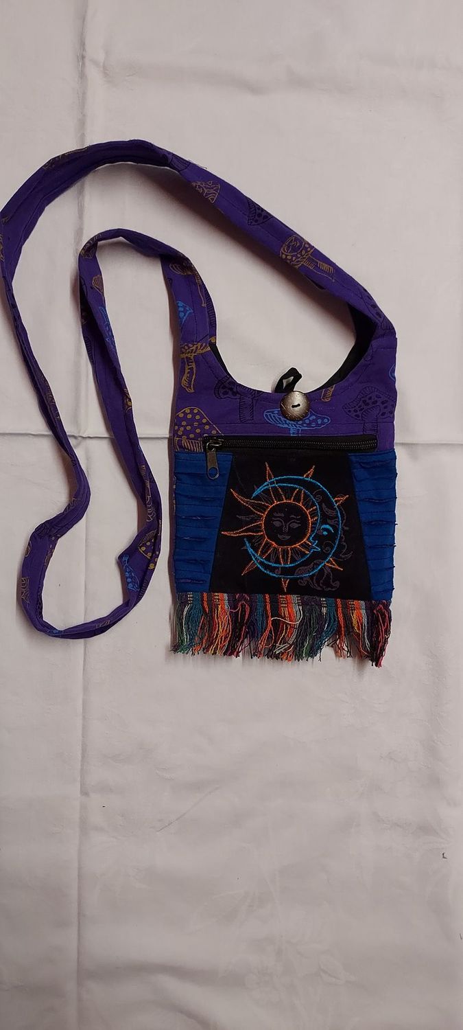 BLUE Cross Body Sun, Moon & Mushroom Passport Bag