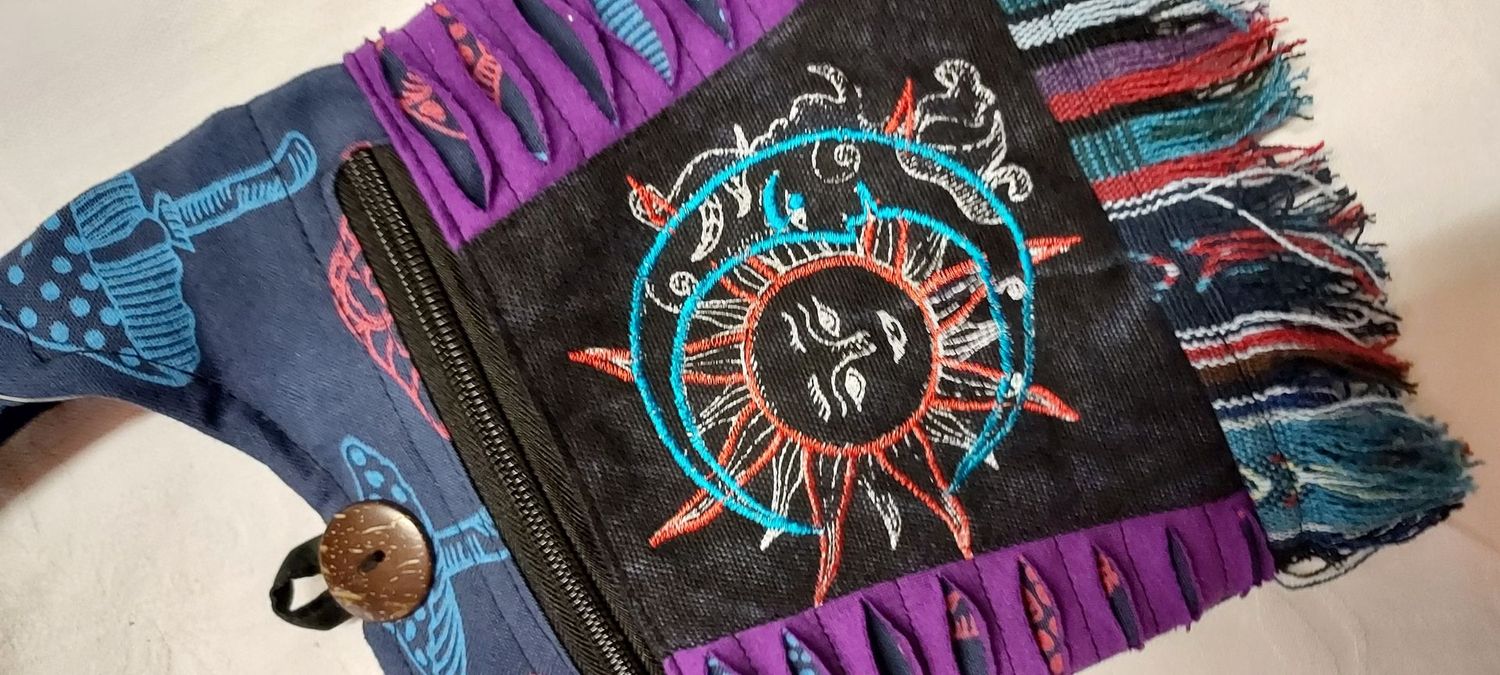 PURPLE Cross Body Sun, Moon & Mushroom Passport Bag