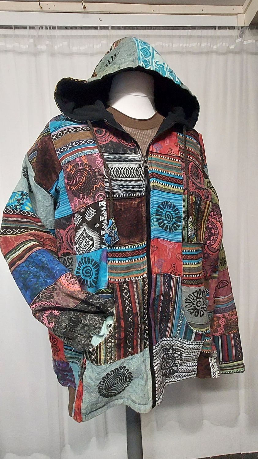 Warm, Fleece Lined Patchwork Hooded Jacket - BLUE  4xl 60"