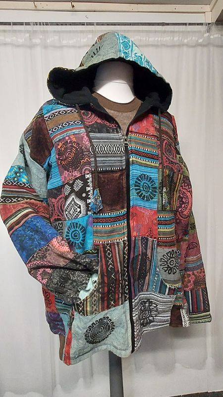 Warm, Fleece Lined Patchwork Hooded Jacket - BLUE 4xl 60 Warm, Fleece Lined Patchwork Hooded Jacket - BLUE 4xl 60"