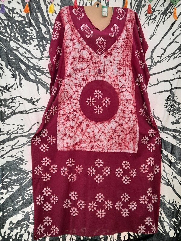 Merlot Wine Batik Tie Dye Kaftan Dress (58" Bust/Hip)