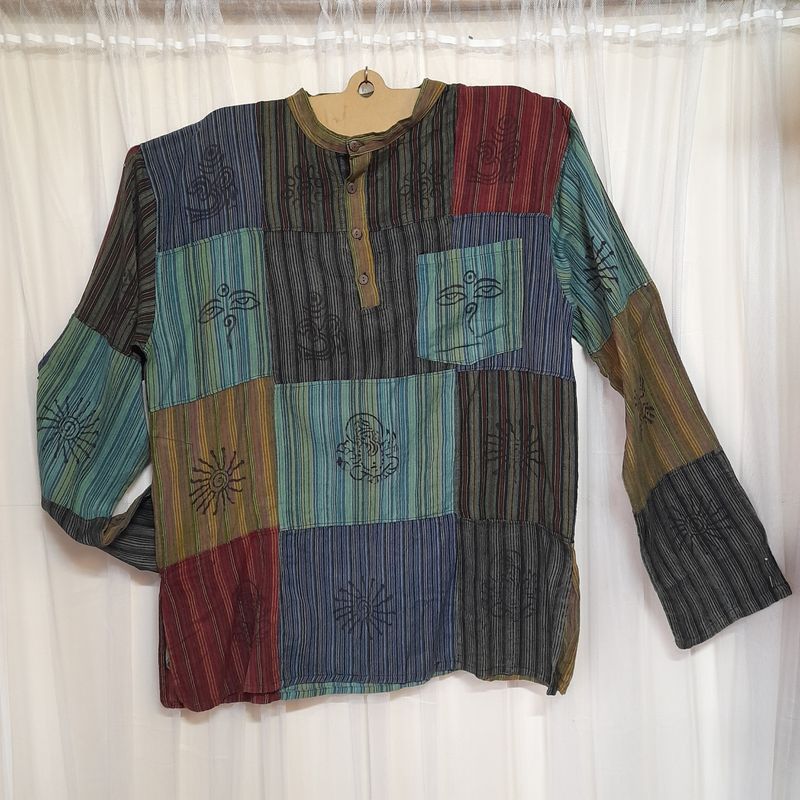 Patchwork Cotton Shirt - XXXL - Black/Blue - 50” Chest Patchwork Cotton Shirt - XXXL - Black/Blue - 50” Chest