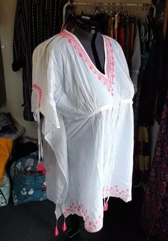 White Lightweight Cotton Summer Top with Pink Embroidery White Lightweight Cotton Summer Top with Pink Embroidery