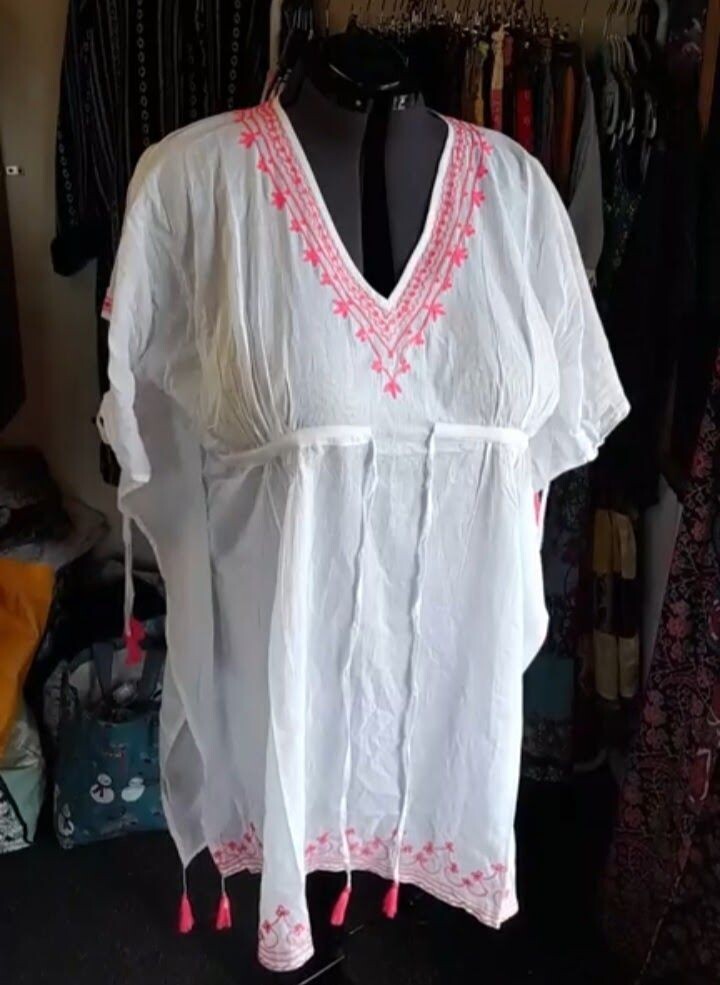 White Lightweight Cotton Summer Top with Pink Embroidery White Lightweight Cotton Summer Top with Pink Embroidery