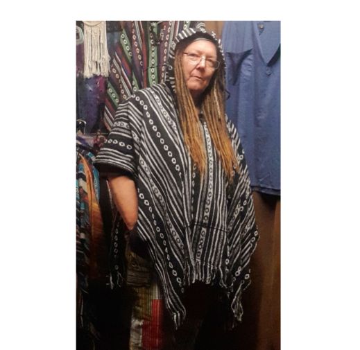 Mexican style poncho with hood  - Black Diamond Stripe