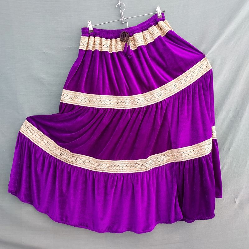 SG - Bright Purple Velvet Elasticated Gold Trim Gypsy Skirt SG - Bright Purple Velvet Elasticated Gold Trim Gypsy Skirt