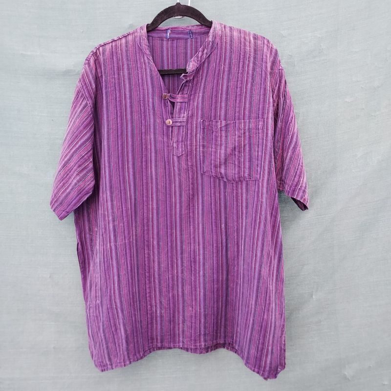 Purple Stripe Short Sleeve Cotton Grandad Shirt - 48 Purple Stripe Short Sleeve Cotton Grandad Shirt - 48" Chest