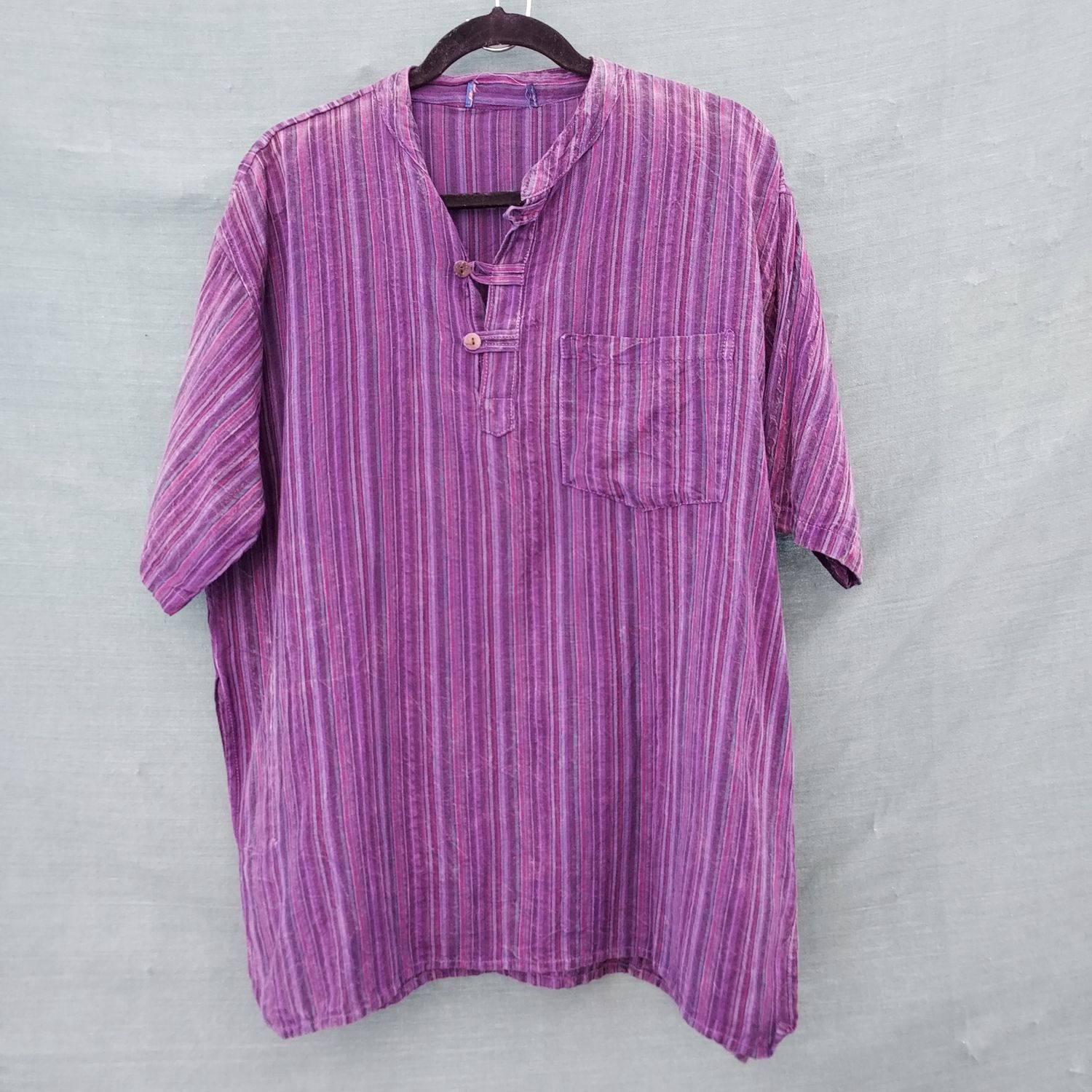 Purple Stripe Short Sleeve Cotton Grandad Shirt - 48" Chest