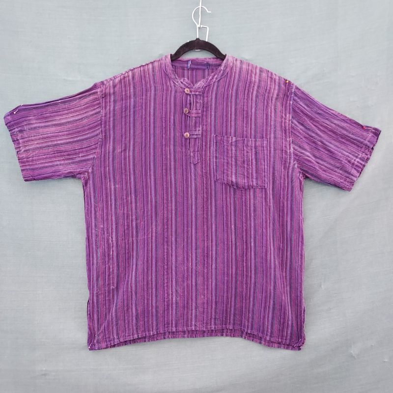 Purple Stripe Short Sleeve Cotton Grandad Shirt - 48 Purple Stripe Short Sleeve Cotton Grandad Shirt - 48" Chest