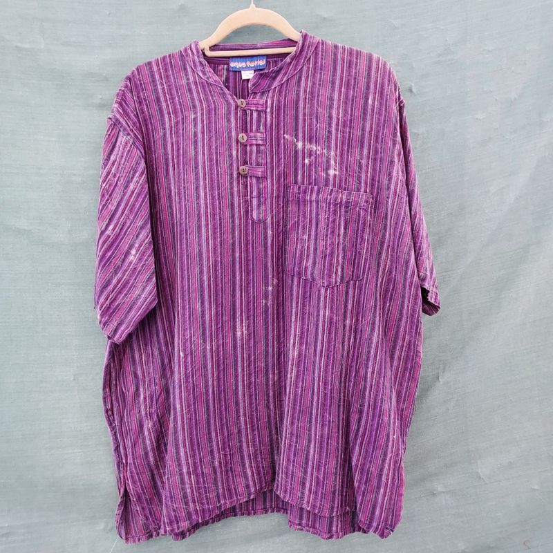 Purple Stripe Short Sleeve Cotton Grandad Shirt - 50 Purple Stripe Short Sleeve Cotton Grandad Shirt - 50" Chest