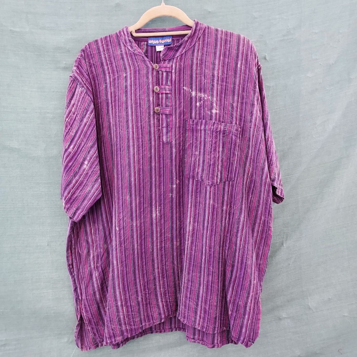 Purple Stripe Short Sleeve Cotton Grandad Shirt - 50 Purple Stripe Short Sleeve Cotton Grandad Shirt - 50" Chest