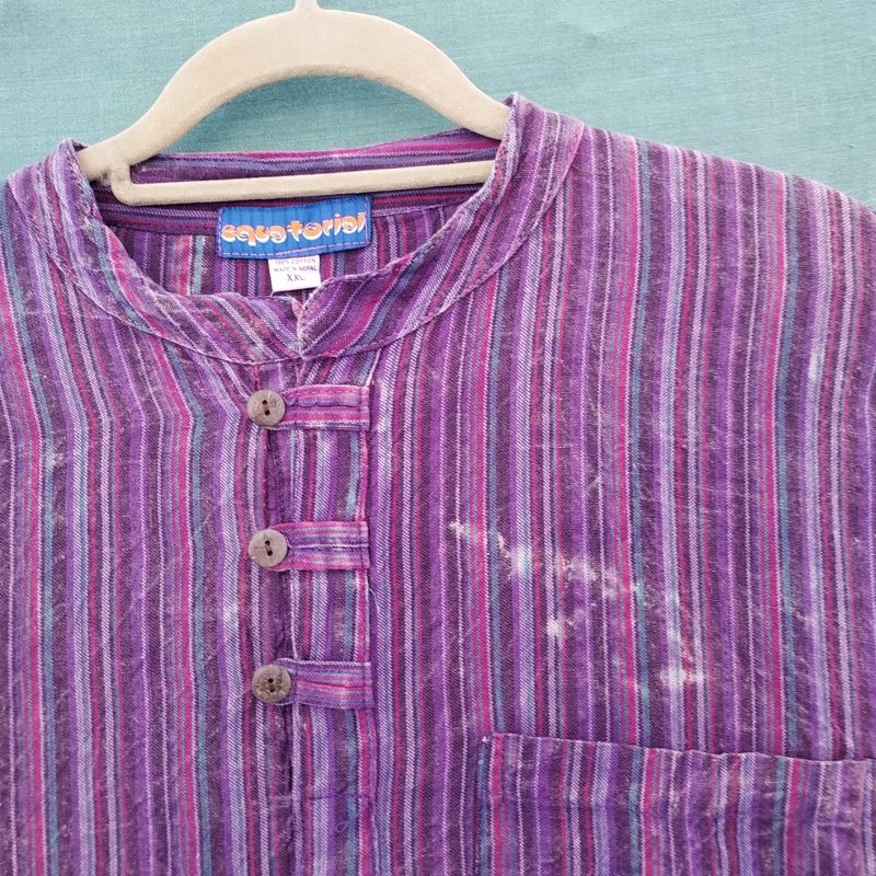 Purple Stripe Short Sleeve Cotton Grandad Shirt - 50 Purple Stripe Short Sleeve Cotton Grandad Shirt - 50" Chest