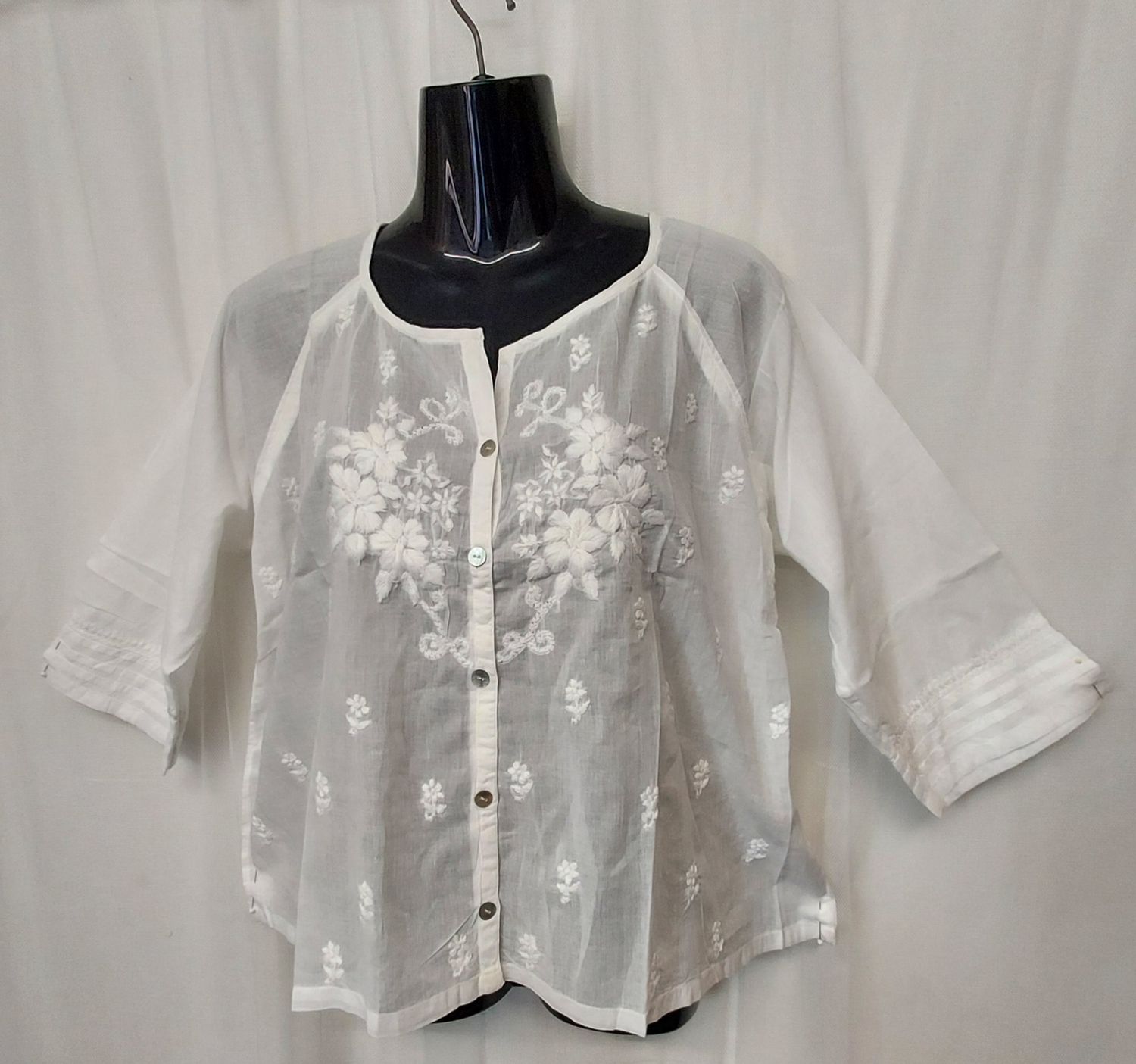 White Lightweight Top with Button and Embroidery Detail- S, M, L, XL White Lightweight Top with Button and Embroidery Detail- S, M, L, XL