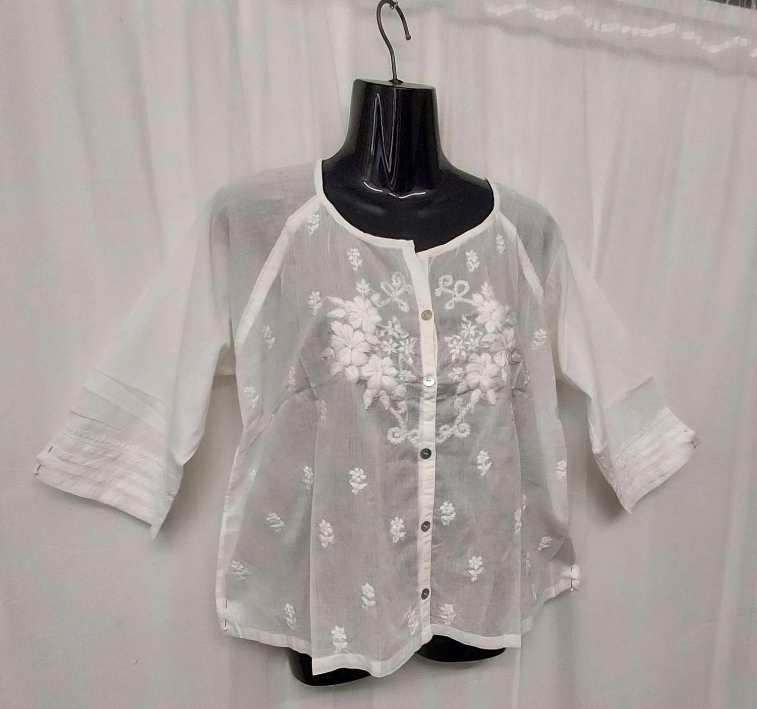 White Lightweight Top with Button and Embroidery Detail- S, M, L, XL White Lightweight Top with Button and Embroidery Detail- S, M, L, XL