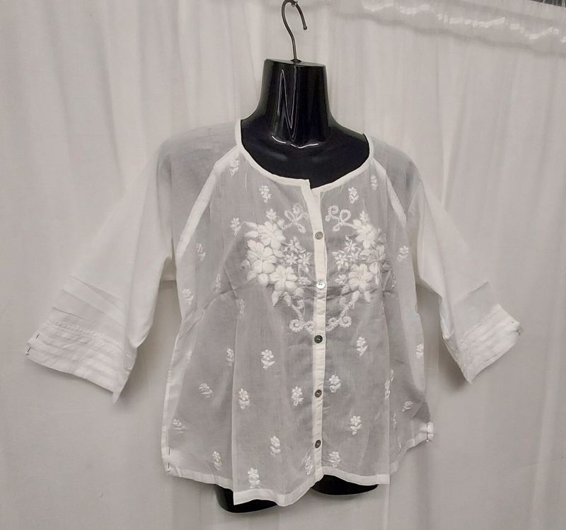 White Lightweight Top with Button and Embroidery Detail- S, M, L, XL White Lightweight Top with Button and Embroidery Detail- S, M, L, XL
