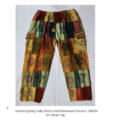 Premium Quality, Fully Fleece Lined Patchwork Trousers - GREEN 56" OR 60" Hip