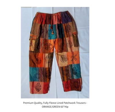 Premium Quality, Fully Fleece Lined Patchwork Trousers - ORANGE/GREEN 60 Premium Quality, Fully Fleece Lined Patchwork Trousers - ORANGE/GREEN 60"Hip